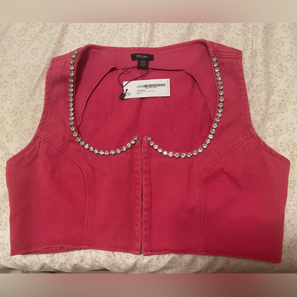 Hot Pink Diamante Trim Twill Crop Top